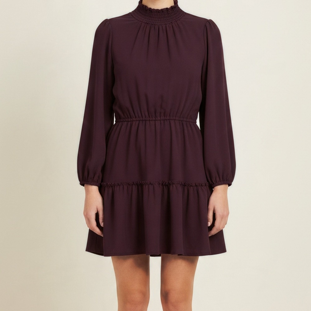 Leota NWT Merlot Smocked Mock Neck Tiered Mini Dress Blouson Long Sleeve M